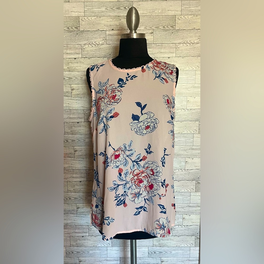 Pale Sky Women’s Light Pink with Blue Flowers Sleeveless Top Blouse Size M